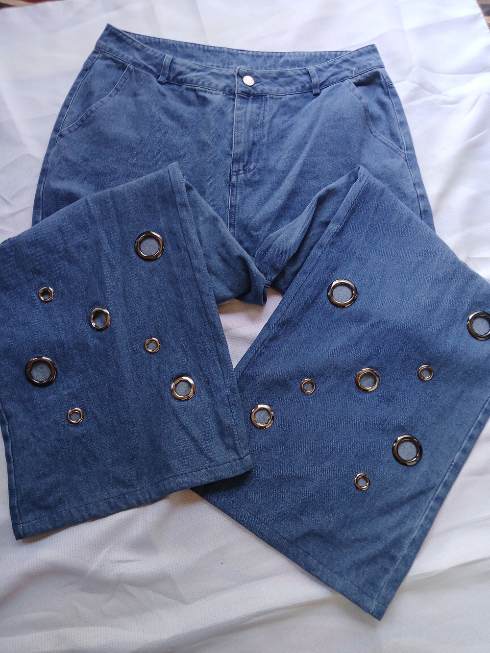 Blue Women's Wide-Leg Jeans with Decorative Eyelets